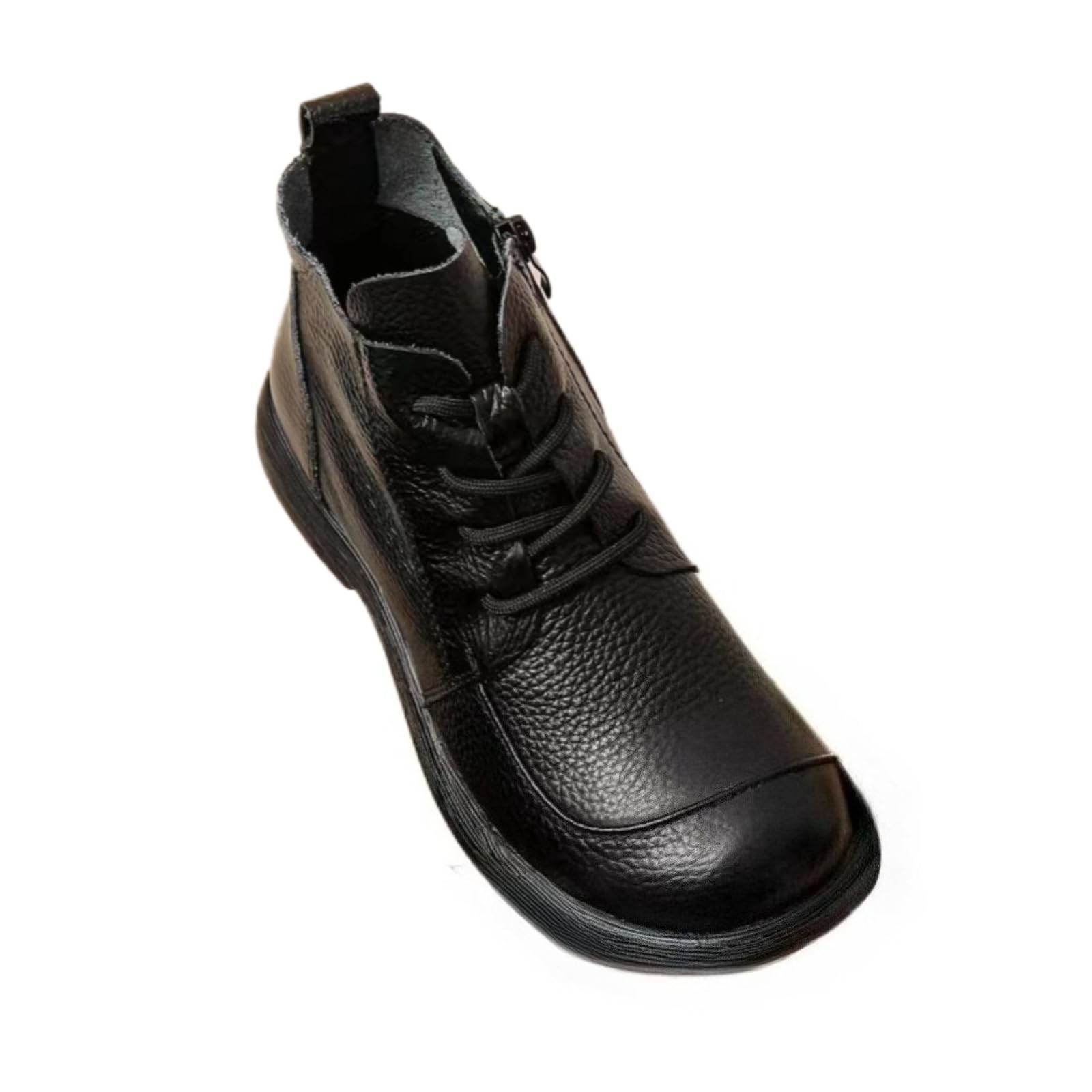 Womens Leather Lace-Up Ankle Boots With Side Zipper Classic Round Toe Flat Comfortable Soft Sole Lightweight Casual Shoes