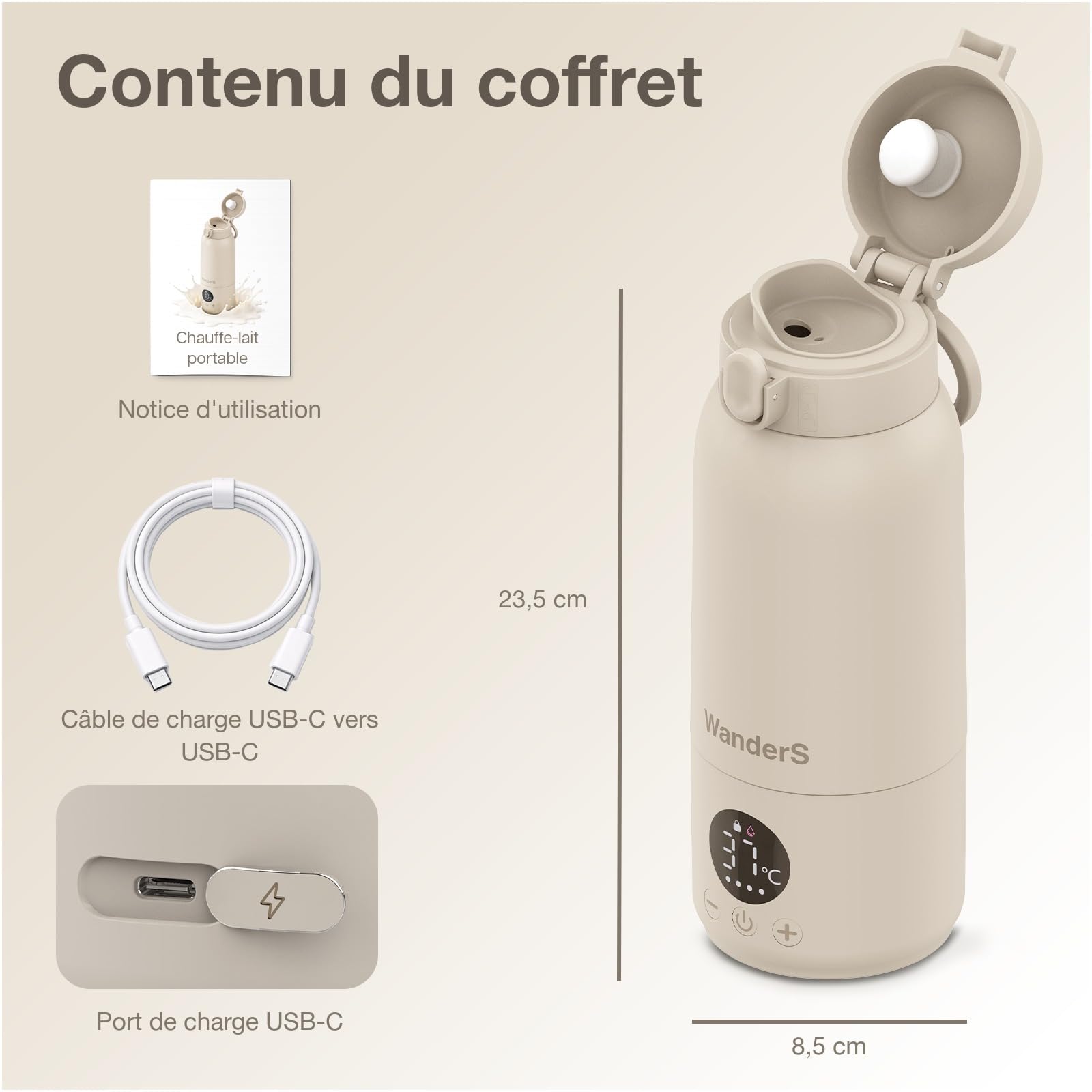 Chauffe-Biberon Nomade par WanderS – 500ML Chauffe-Biberon Portable - Contrôle Précis de la Température, Fonction Stérilisation, Acier Inoxydable 316L, Recharge USB-C, Étanche IPX6 et Verrou Sécurité