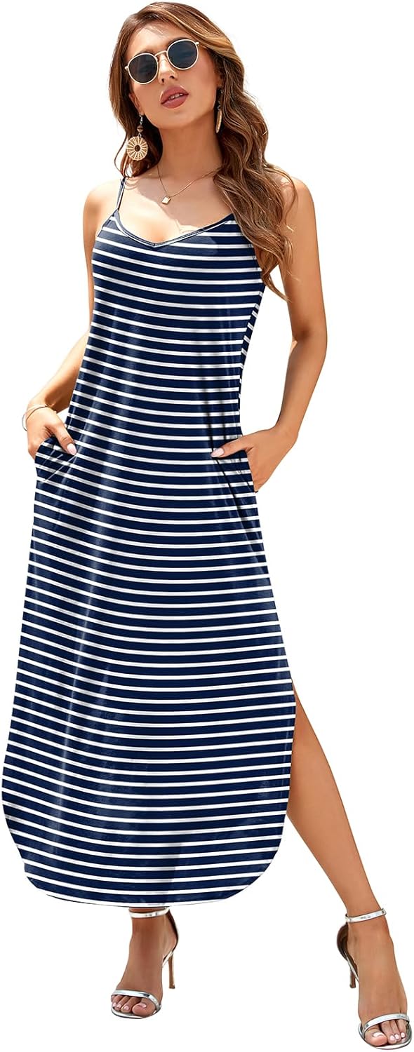 HUSKARY Women's Summer Casual Sleeveless V Neck Strappy Split Loose Dress Beach Cover Up Long Cami Maxi Dresses with Pocket - Image 3