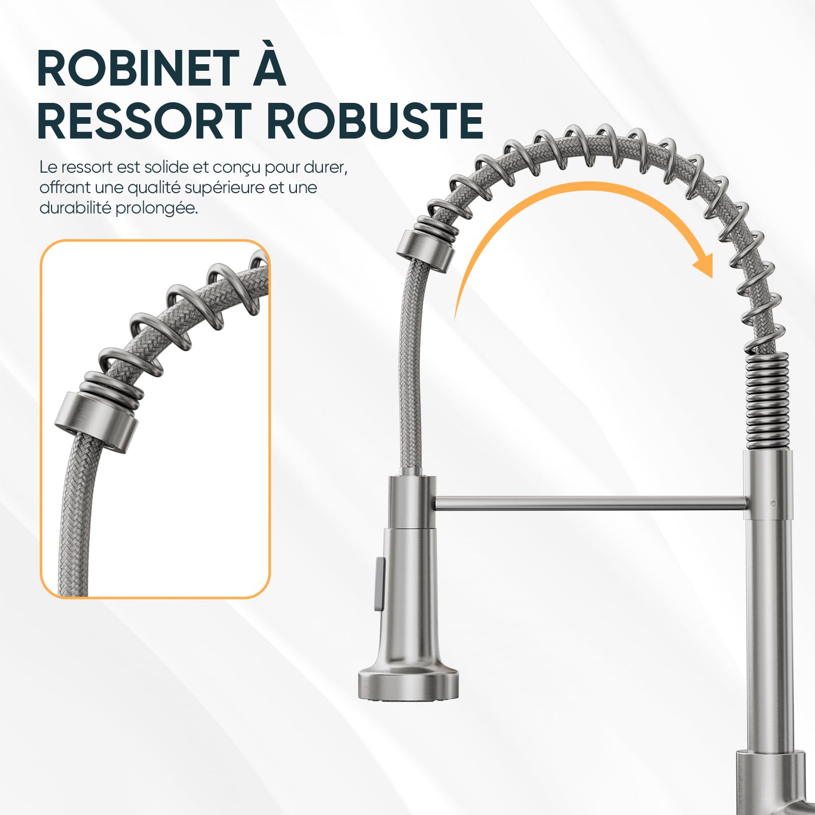 BESy Robinet de Cuisine avec Douchette Extractible, Pulvérisateur Escamotable à 2 Modes de Pulvérisation, Mitigeur Évier Monocommande 360° Pivotant à Arc Élevé, Nickel Brossé