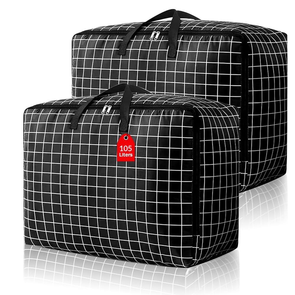 Hekobag Black 2Pcs 105L Large Storage Bag, Heavy Duty Laundry Storage Bags With Zipper Oxford Cloth Duvet Storage Bag Extra Large Moving Bags Waterproof Laundry Bags For Moving House Storage Clothes Bedding