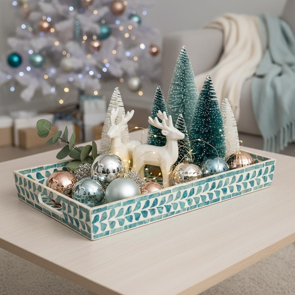 PEMAR Rectangular Mother of Pearl Serving Tray Nacre Wood Lap Ottoman Tray for Coffee Table, Luxury Decorative Handmade Eating Platters w Insert Handles (Teal Floral Pattern) - Image 3