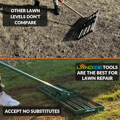 Image of Landzie Lawn Leveling Rake - 30 Inch Wide 72 Inch Handle Powder Coated Yard, Garden, and Lawn Leveling Tool - Professional Lawn Care Landscaping Tools, Green