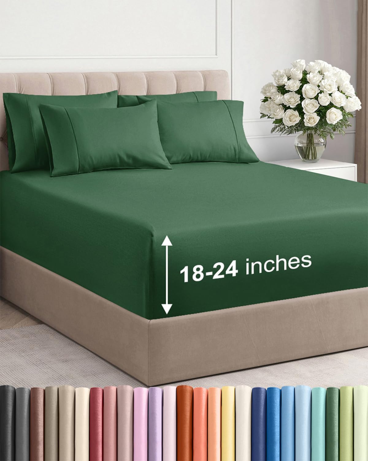 extra deep king sheet set - 6 piece breathable and cooling sheets - hotel luxury bedding for women, men, kids & teens - easy & secure fit - soft and wrinkle free - extra deep pockets - emerald green