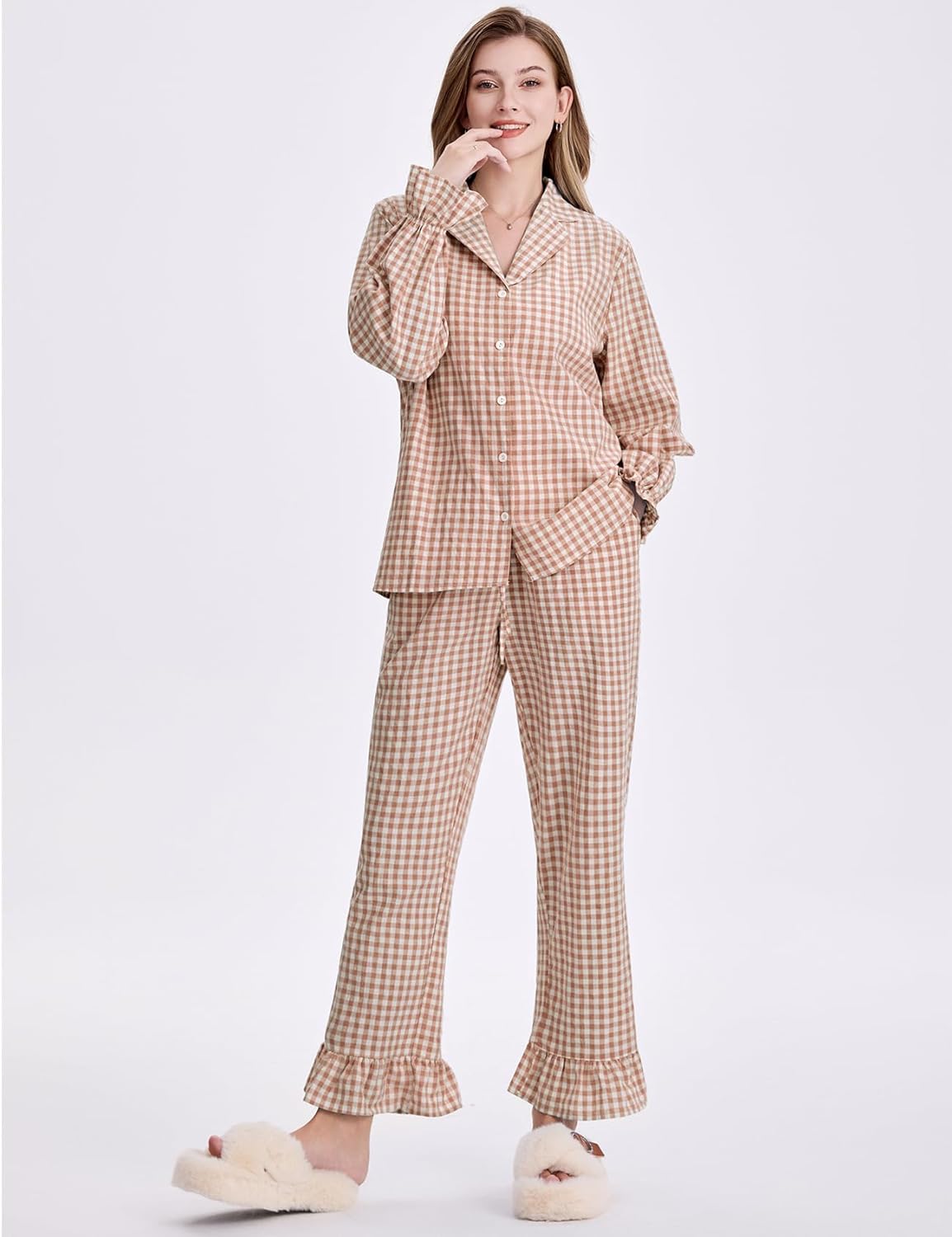 Flygo Womens Gingham Pajamas Sets Cotton Plaid Pjs Ruffled Sleeve Button Down Shirt Pants Y2k 2 Piece Lounge Set - Image 3