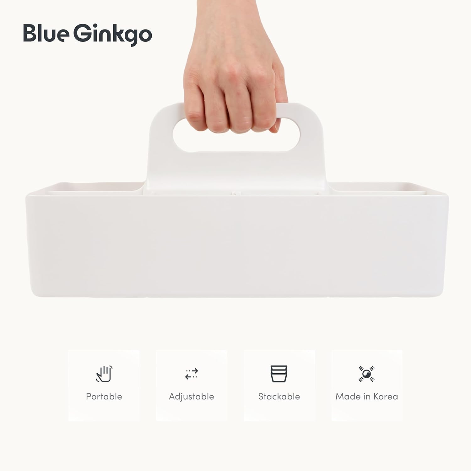 BLUE GINKGO Stackable Organizer Caddy – Korean-Made Portable Tote for Bathroom, Office, Crafts, or School Supplies (Long Rectangle, White)