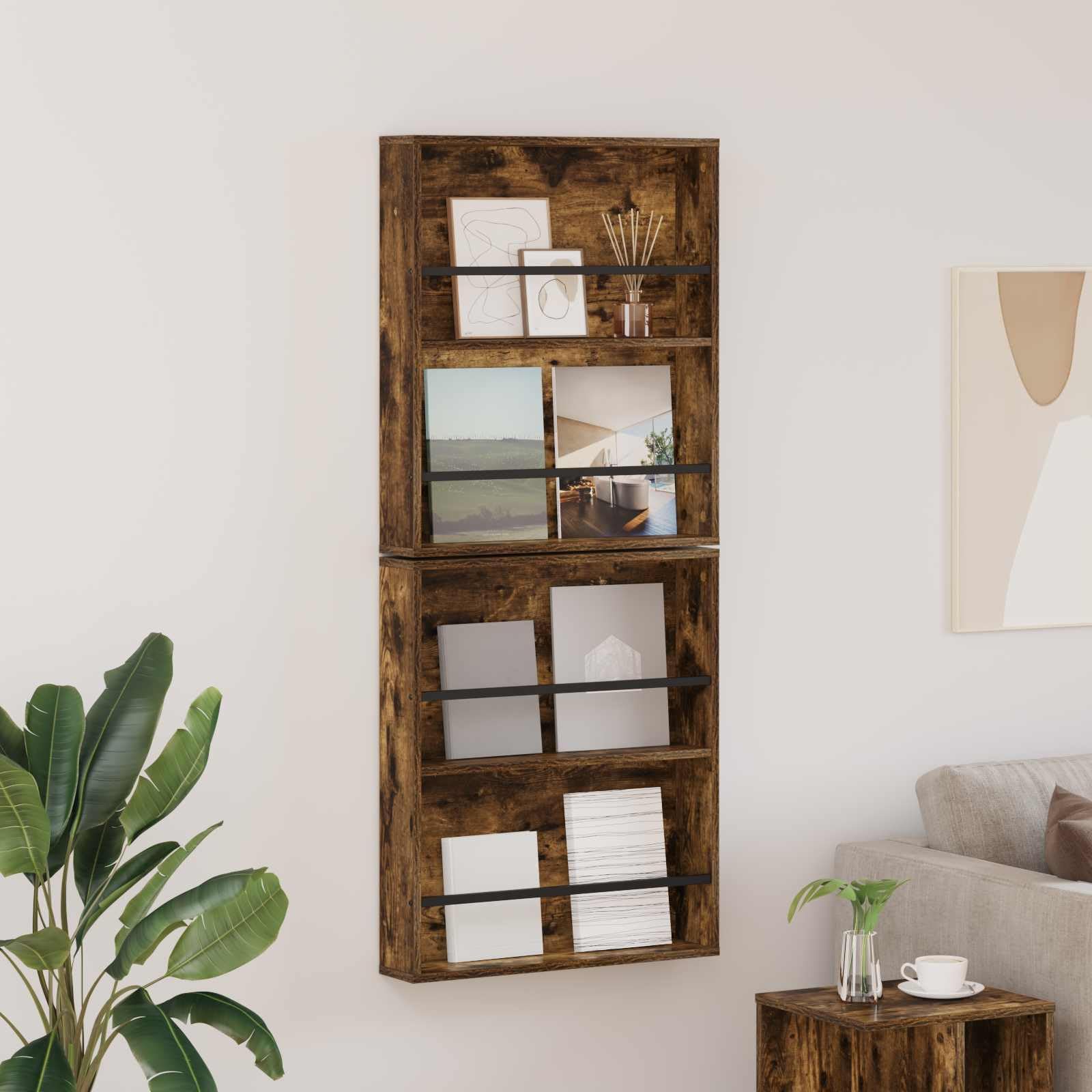 Générique Regał na czasopisma 2 szt., półka ścienna 60 x 12 x 70 cm z drewna inżynieryjnego wędzonego dębu, regulowany uchwyt na czasopisma do salonu lub biura, nowoczesny i praktyczny schowek na