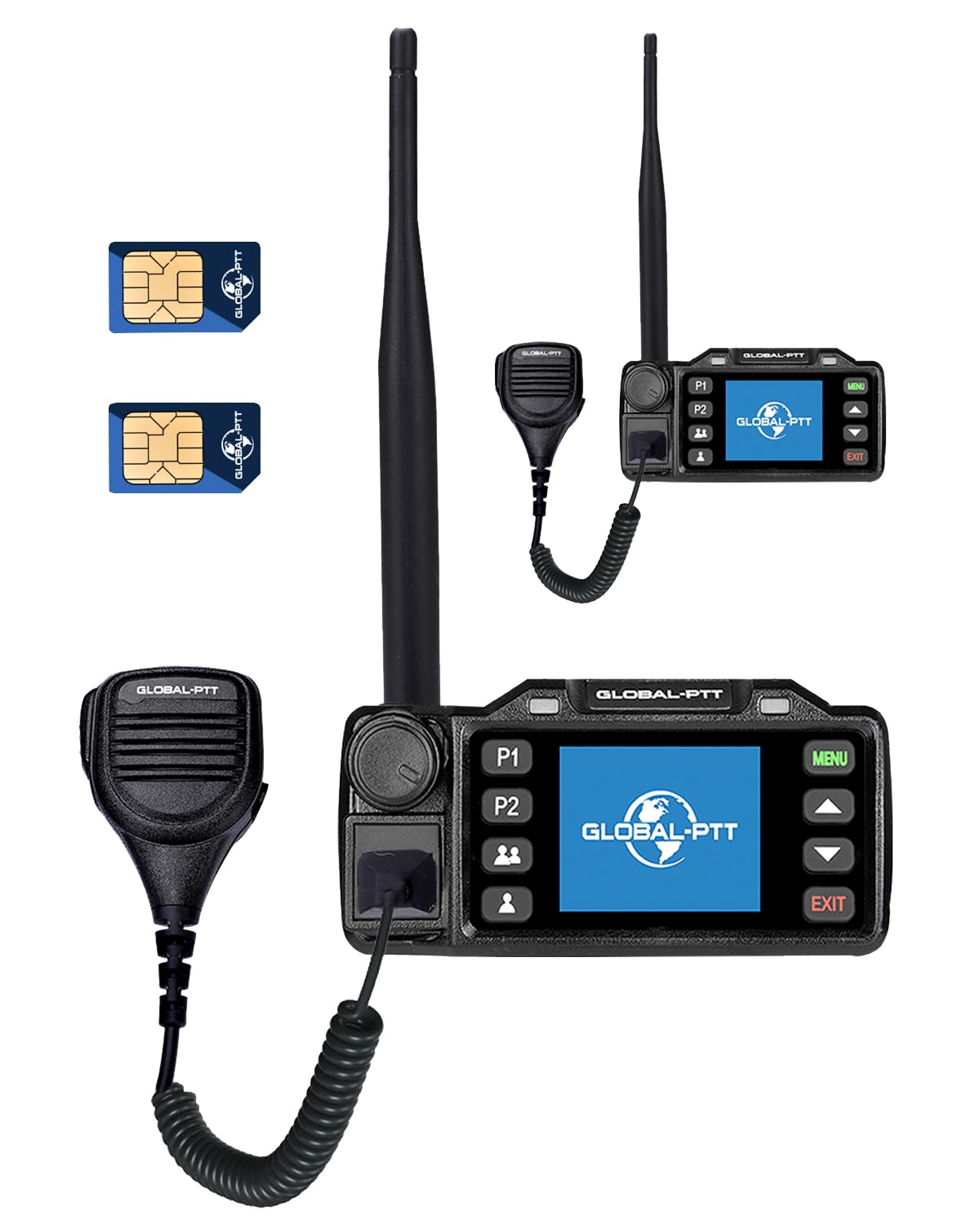 Global-PTT 2-Pack Push-to-Talk Over Cellular (PoC) Mobile Radios - 4G LTE Nationwide PTT Unlimited Range Free License Designed for in-Vehicle Communication (Non-GPS)
