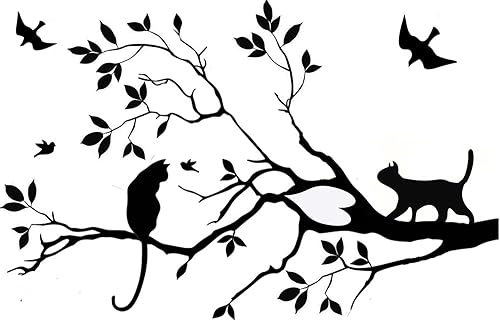 Miniatura 3 de BIBITIME Calcomanías artísticas de pared de gatos negros en árbol, ramas y hojas, pájaros voladores, calcomanías de vinilo para guardería, aula,