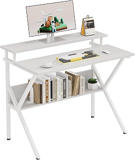 MEXIN 27'' Small Computer Desk, Home Office Desk for Small Space, Laptop Desk with Monitor & Storage Shelves, Modern Style Writing Desk for Home Bedroom Living Room, White