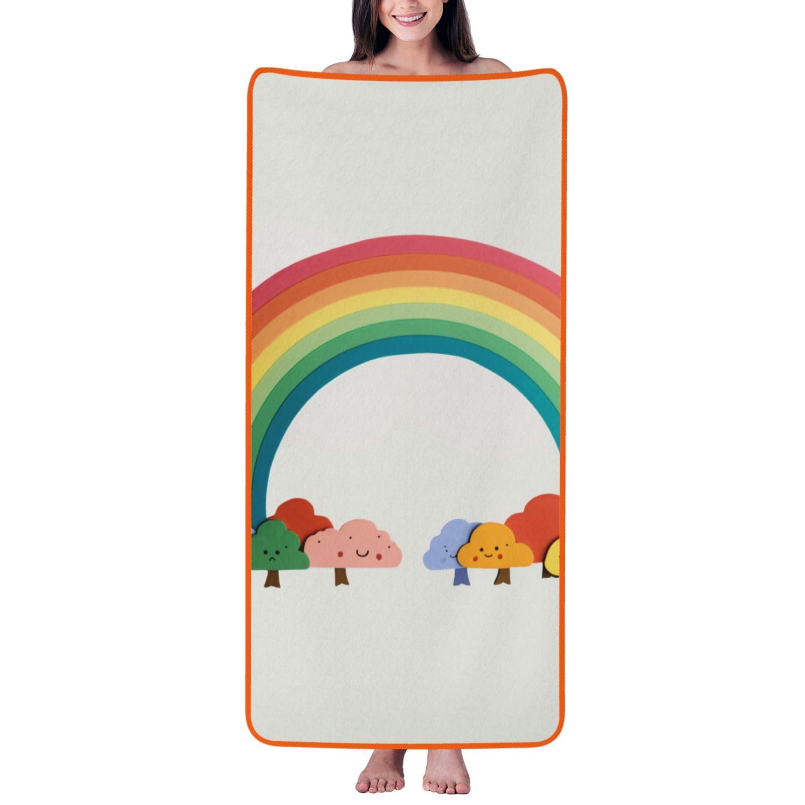 WPKJU Small Rainbow Printed Bath Towel with Orange Edging - 27x55 in Soft Extra Absorbent Coral Velvet Shower Towels for Bathroom