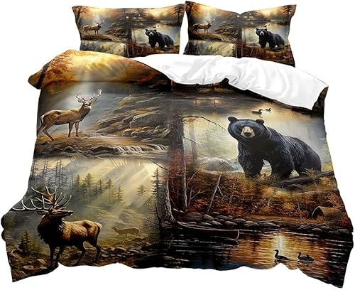 Miniatura 2 de VIVIHOME - Juego de ropa de cama de 2 piezas con diseño de oso negro y ciervo, animales del bosque, alce, vida silvestre, caza y cabaña, juego de