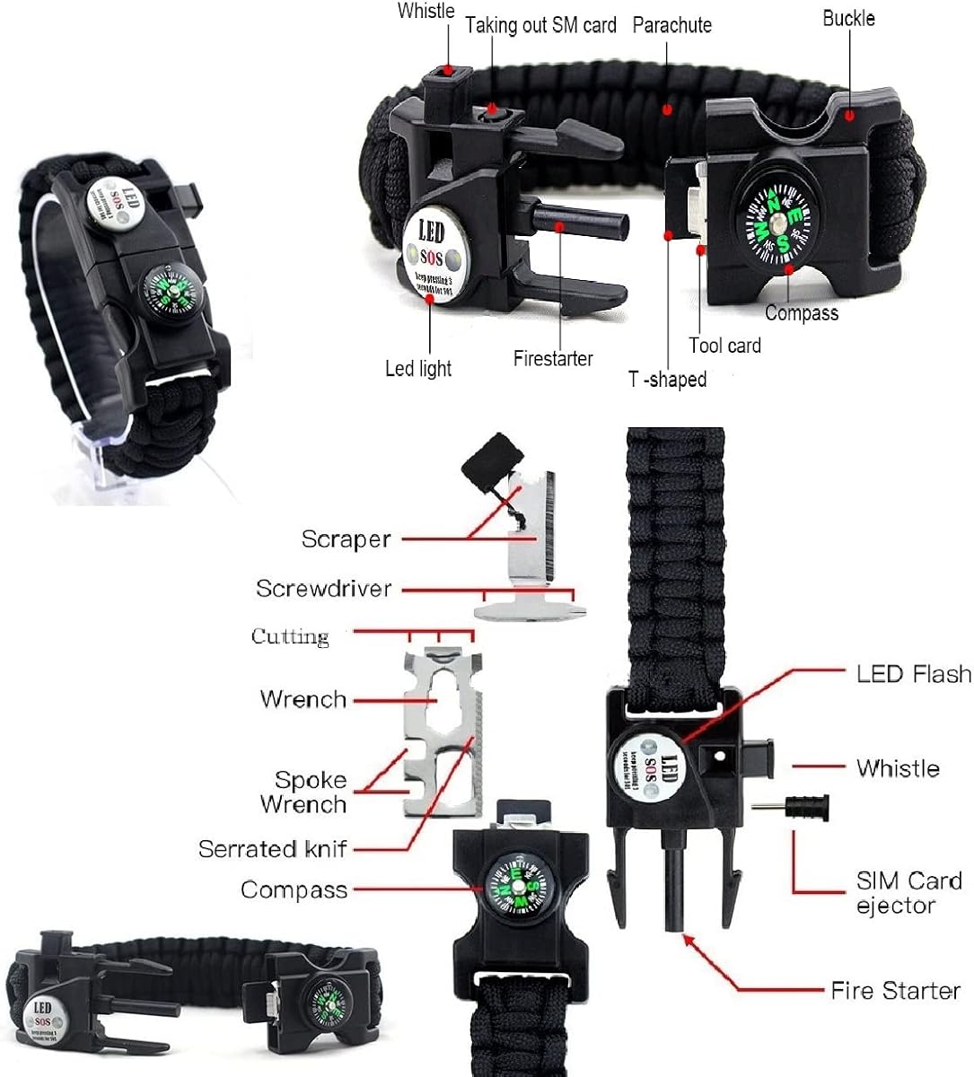 Galaxy 21 in 1 Survival Bracelet, Paracord Emergency Outdoor Sports Wristband Kit Waterproof Compass, SOS LED Light, Thermometer, Rescue Whistle, Fire Starter. Multi 21 Tools (Black 2 Pc)
