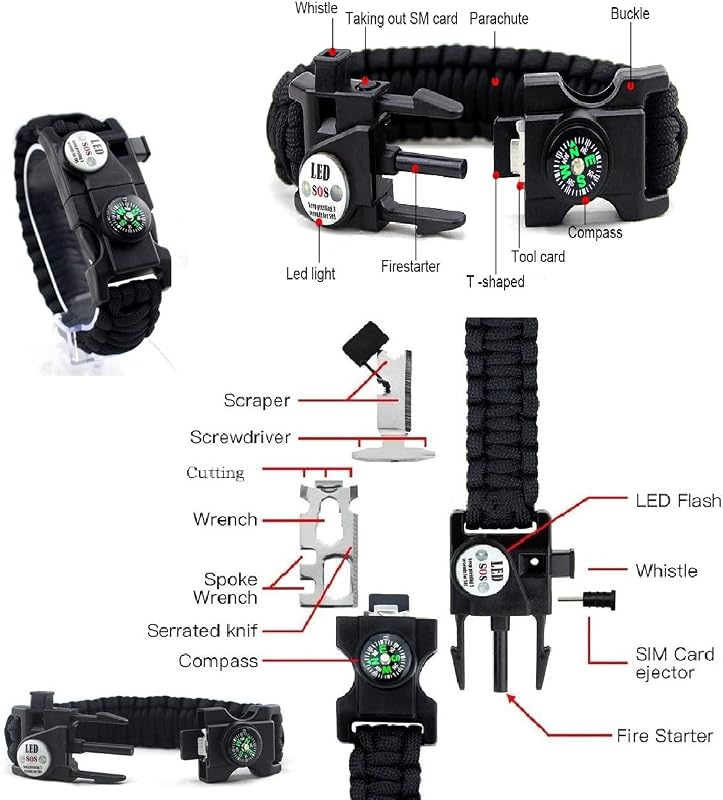 Galaxy 21 in 1 Survival Bracelet, Paracord Emergency Outdoor Sports Wristband Kit Waterproof Compass, SOS LED Light, Thermometer, Rescue Whistle, Fire Starter. Multi 21 Tools (Black 2 Pc)