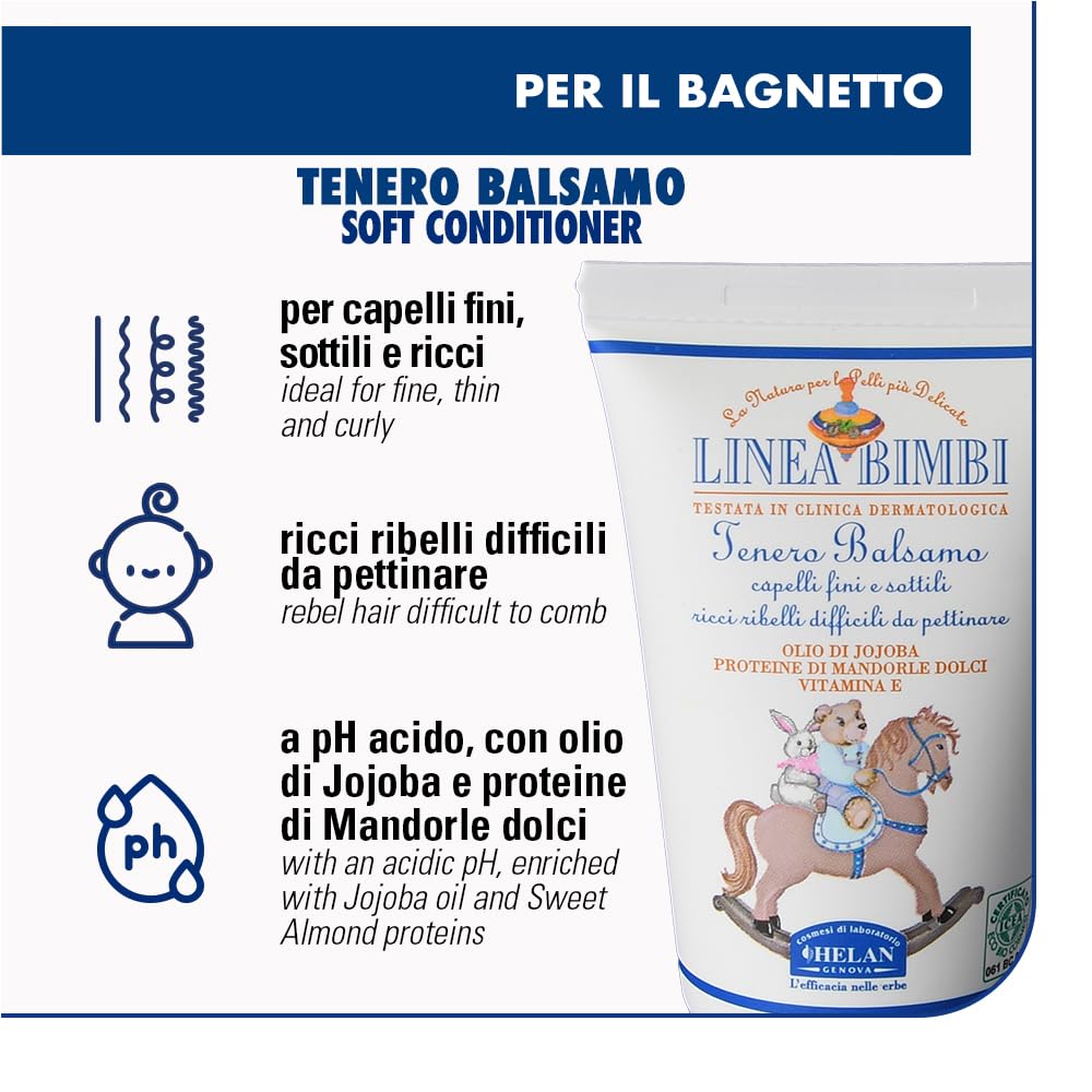 Helan, Linea Bimbi - Balsamo Capelli Ricci e Difficili da Pettinare Bambini, Districante Capelli Fini e Sottili Bambino e Bambina con Olio di Mandorle Dolci e Jojoba, Senza Parabeni e Siliconi - 50 ml