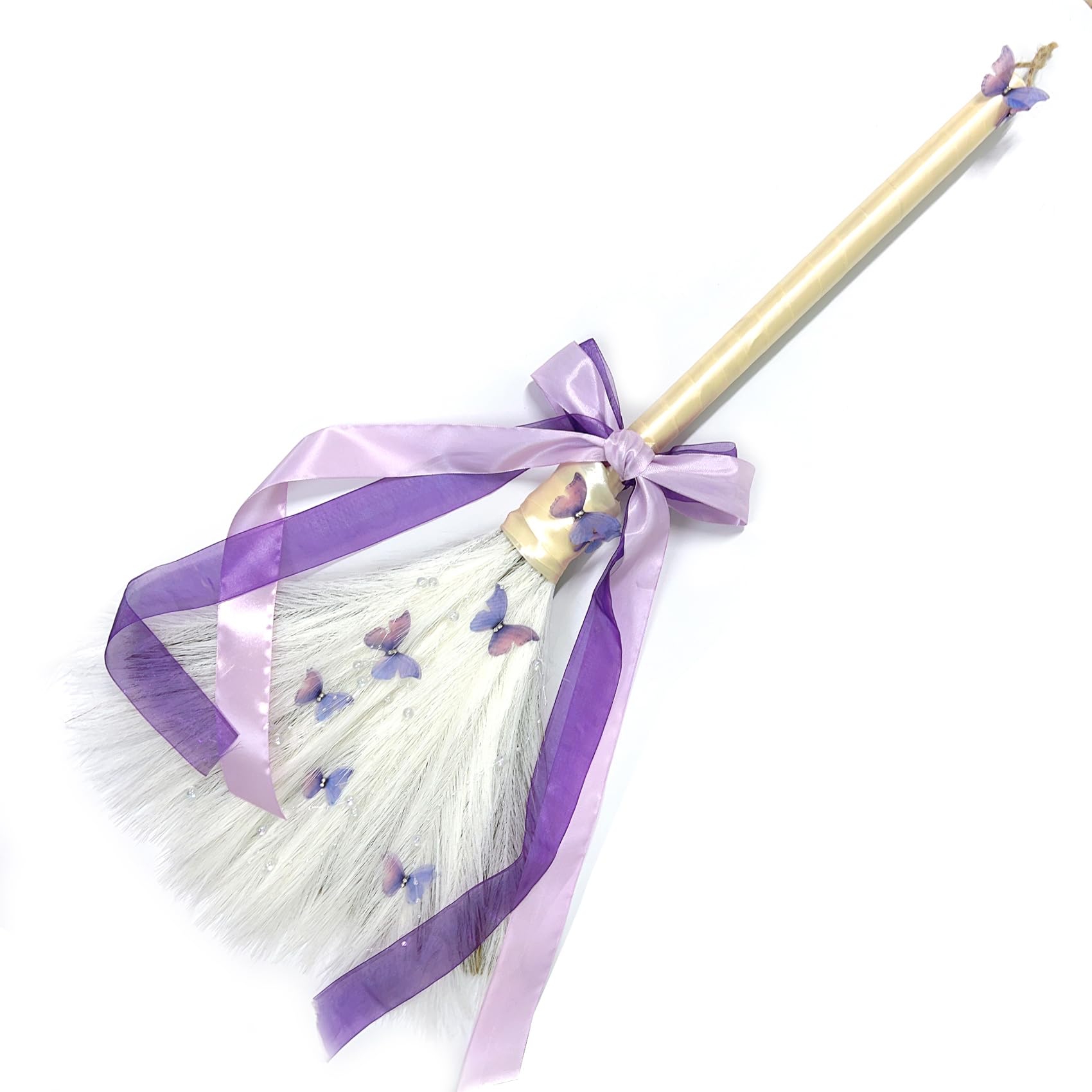 Hochzeitsbesen Springbesen für Hochzeitszeremonie, 71,1 cm hoch, Schneebesen mit weißem Pampasgras, lila Schmetterling/Bändern (Endprodukt)