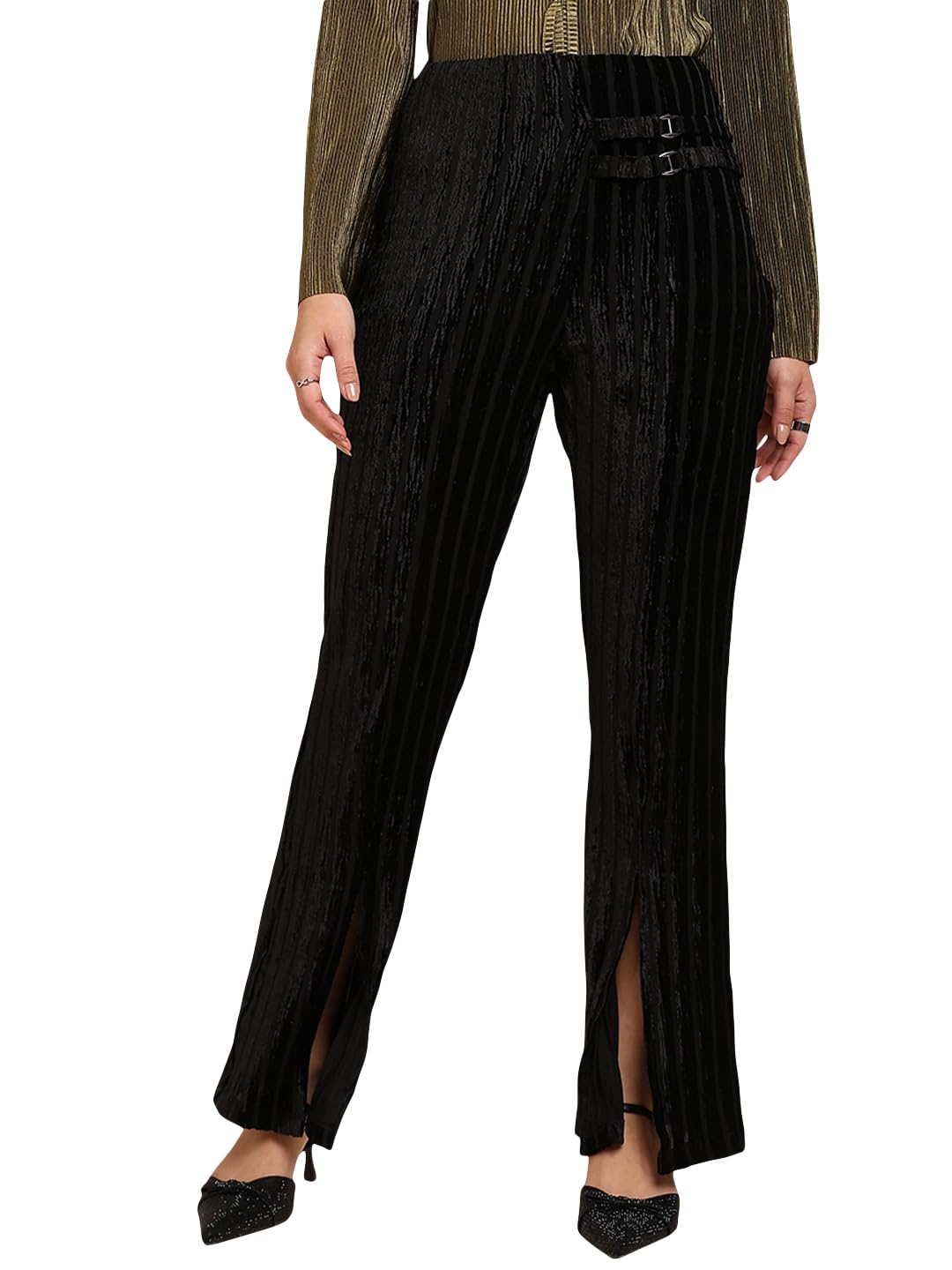 saffe Women's Regular Fit Black High-Rise Velvet Pants | Regular Fit Black High Rise Pant Waist Band Zipper Front Buckle Slit Flared Casual Wear for Women, Girls | Stylish & Trendy-picture-15