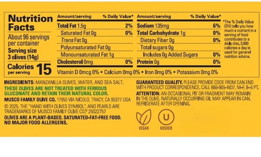 Extra-Large Pitted Olives , This convenient pantry pack holds eight 6 oz * 8 PK (170g) drain weight cans . Extra-Large sized pitted black olives. 8 count .. Total Net Wt [ 48 oz , 3 lb ]