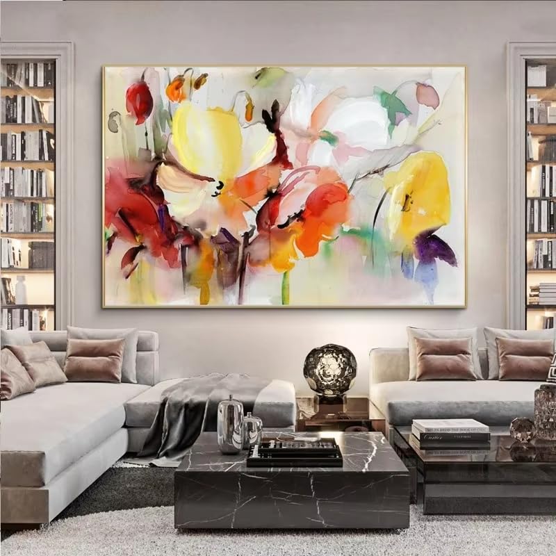 Tableau aquarelle fleurs abstraites prêt à suspendre pour relooker un salon terne 60x80cm