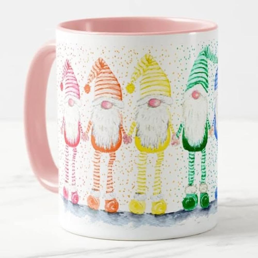 Vixar Pink Rainbow Gonk Watercolour Art Coloured Mug Cup Gift Birthday Work Office Christmas Tea Coffee (Pink)