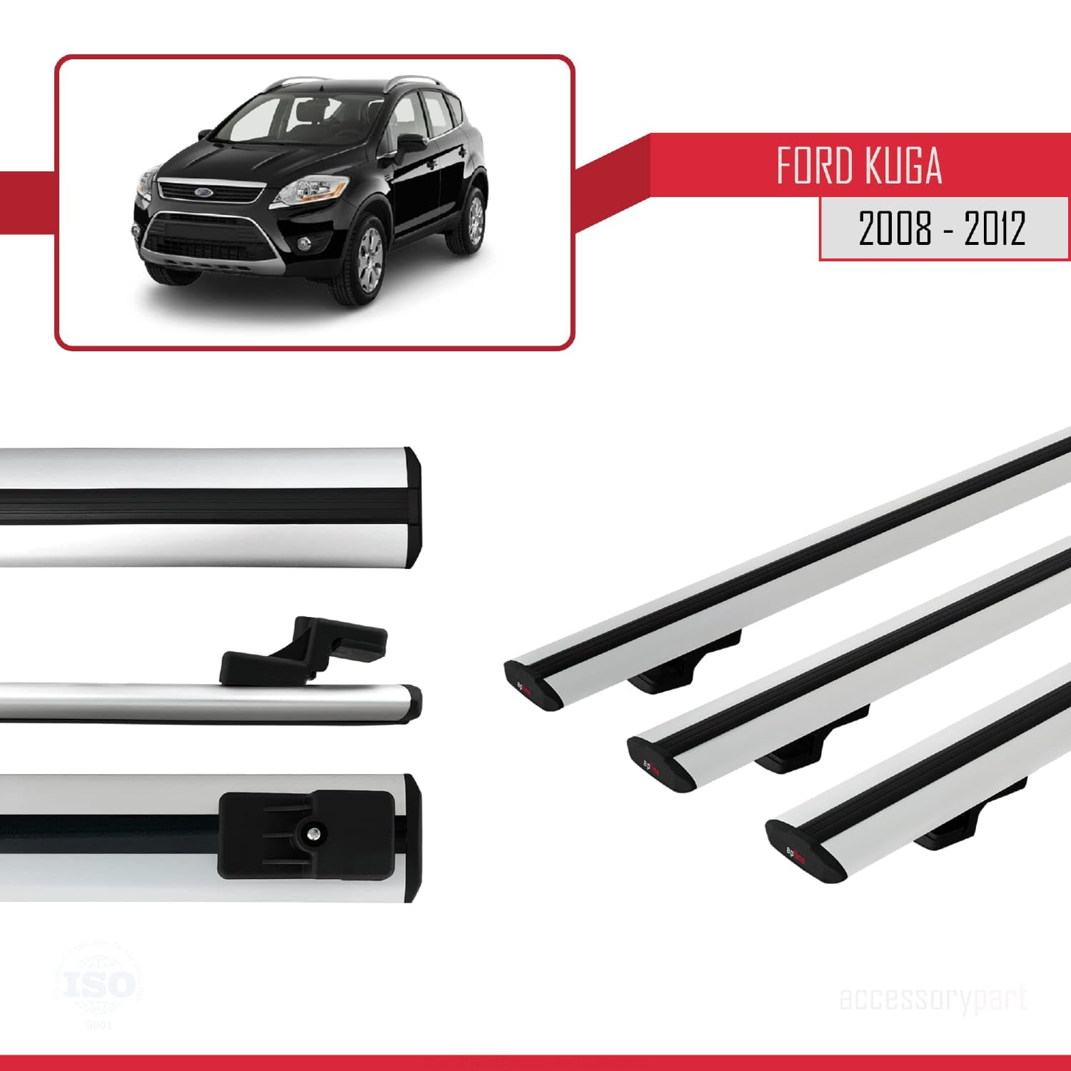 Bagażnik dachowy kompatybilny z Ford Kuga 2008-2013, bagażnik dachowy, model Basic, 3 bary, szary