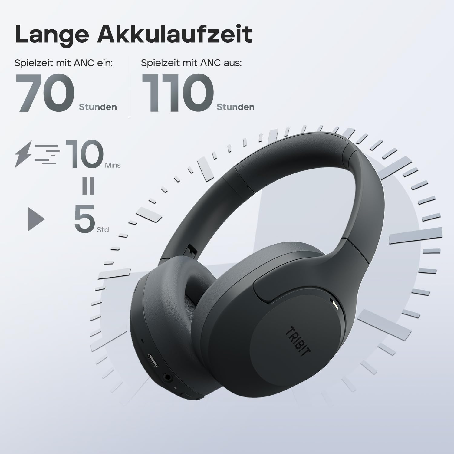 Tribit QuietPlus 81 Over-Ear Kopfhörer mit Noise Cancelling, 110 Std., Schnellladen, Bluetooth 6.0, Deep Bass, 6 EQ per App, kabelloser Bluetooth-Kopfhörer, faltbar und bequem, für Reisen und Arbeit