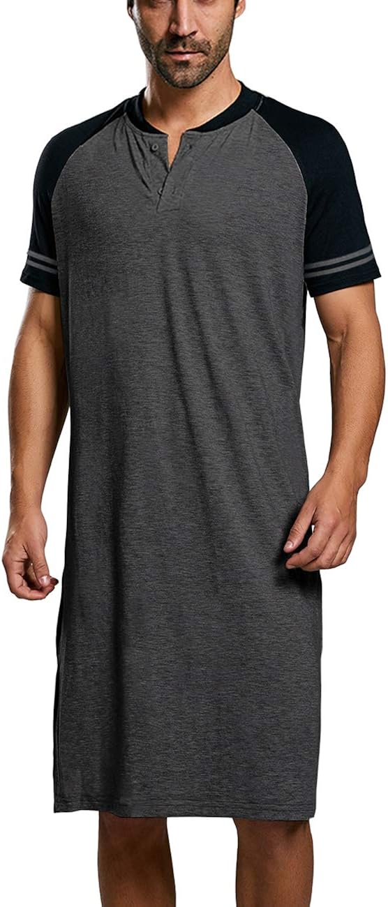 Gafeng Mens Nightshirt Long Sleep Shirts Short Sleeve Nightgown Night Sleepwear Oversized Henley Neck Raglan Nightwear