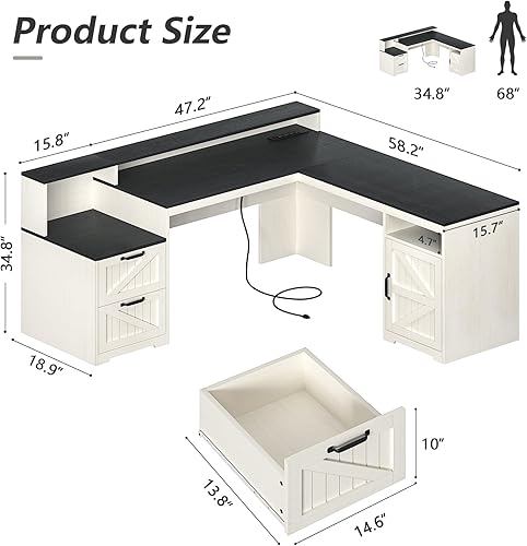 Miniatura 2 de Escritorio Ejecutivo en Forma de L Estilo Granja de 63" con Cajones y Estante de Almacenamiento, Escritorio de Esquina para Computadora con Tomas de