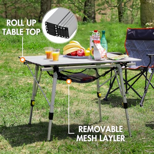 PORTAL-Outdoor-Folding-Portable-Picnic-Camping-Table-with-Adjustable-Height-Aluminum-Roll-Up-Table-Top-Mesh-Layer-Silver
