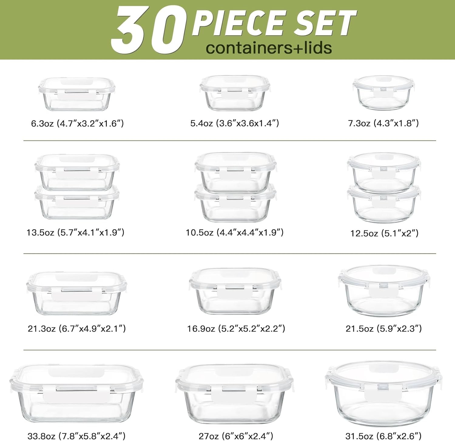 BAYZZ 30 Piece Glass Food Storage Containers Set, Glass Meal Prep Containers with Lids, Airtight Lunch Box, BPA-Free, Microwave, Freezer & Dishwasher Safe,White