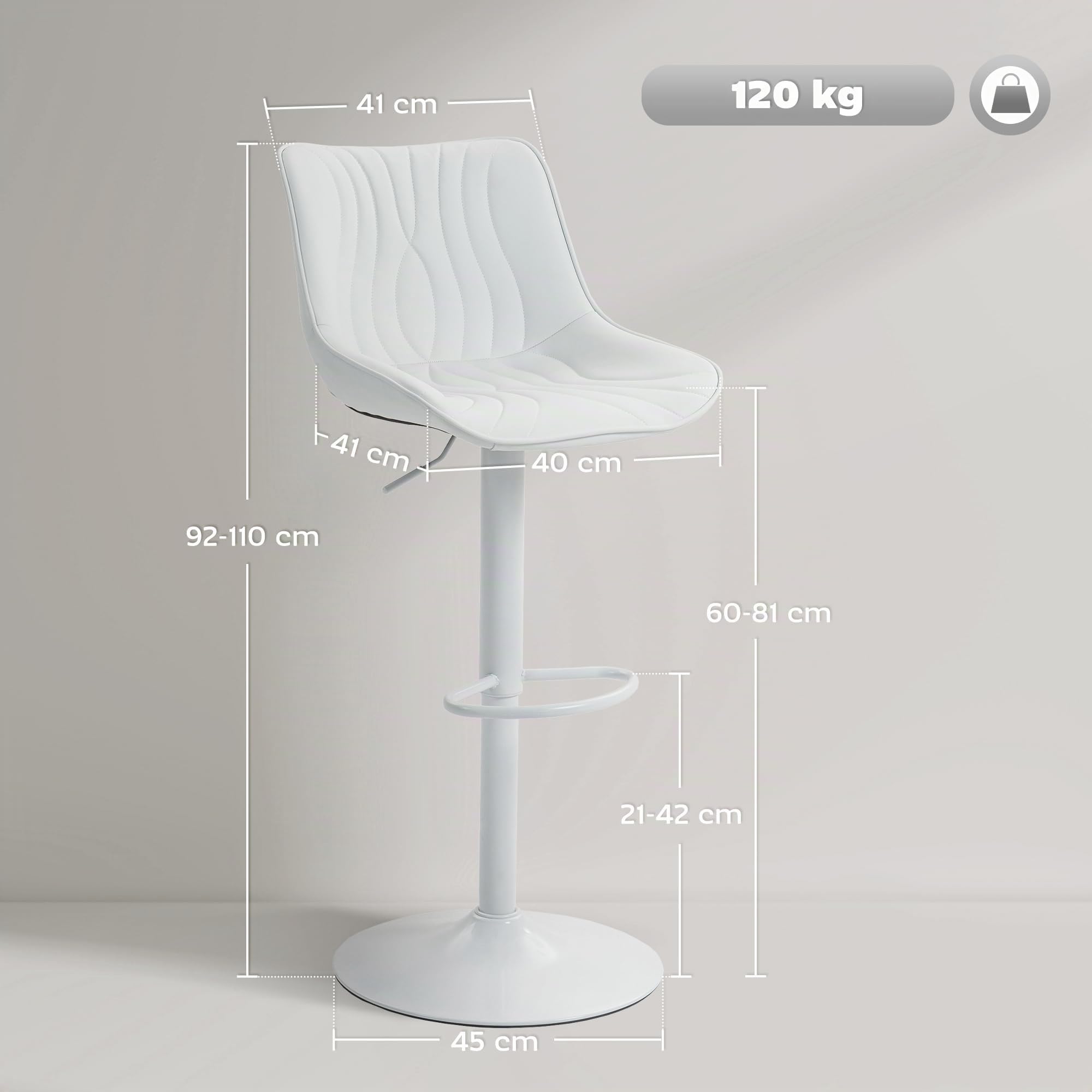HOMCOM Lot de 2 Tabourets de Bar Hauteur Réglable 92-110cm Acier Blanc