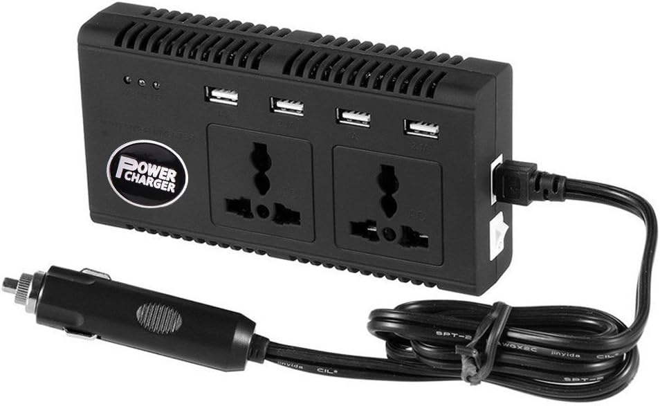 Hoenjuno 200W Power Inverter with 4 USB Ports DC 12V to AC 220V inverter with universal 2 AC sockets Charger Adapter for Car Laptop PSP Camera Phones