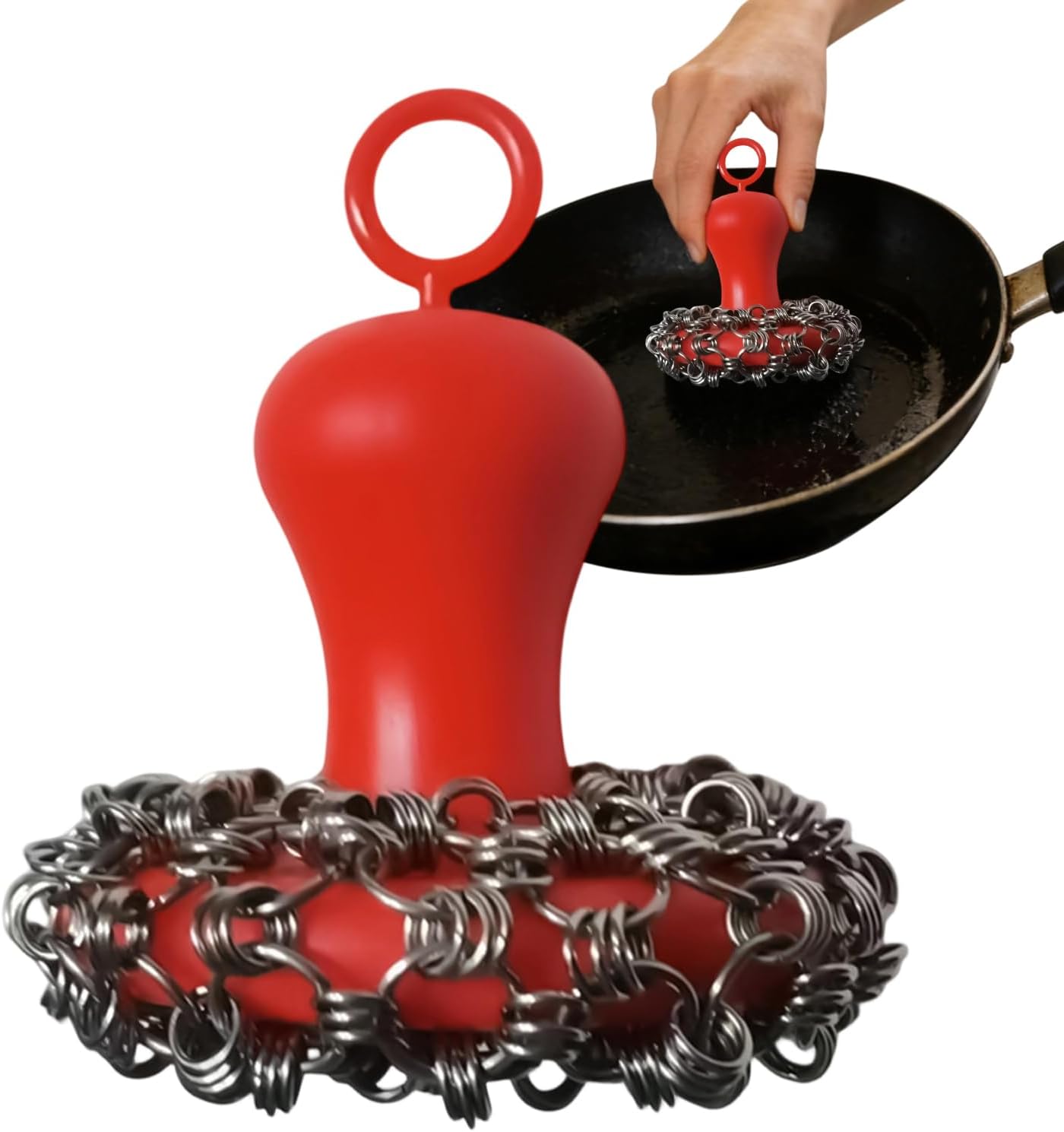 Cast Iron Pan Cleaner Brush, Metal Chain Ergonomic Handle, Metal Scrubber for Cast Iron Skillet, for Grill Griddle Kitchen Camping RV Home