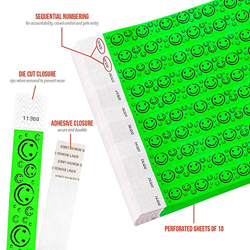Image of 500 WristCo Neon Green Smiley Face Tyvek Wristbands for Events | Comfortable Water /Tear-Resistant - USA Made Tyvek Wristband ID Bracelets for Events, Concerts, Party Security, VIP Admission