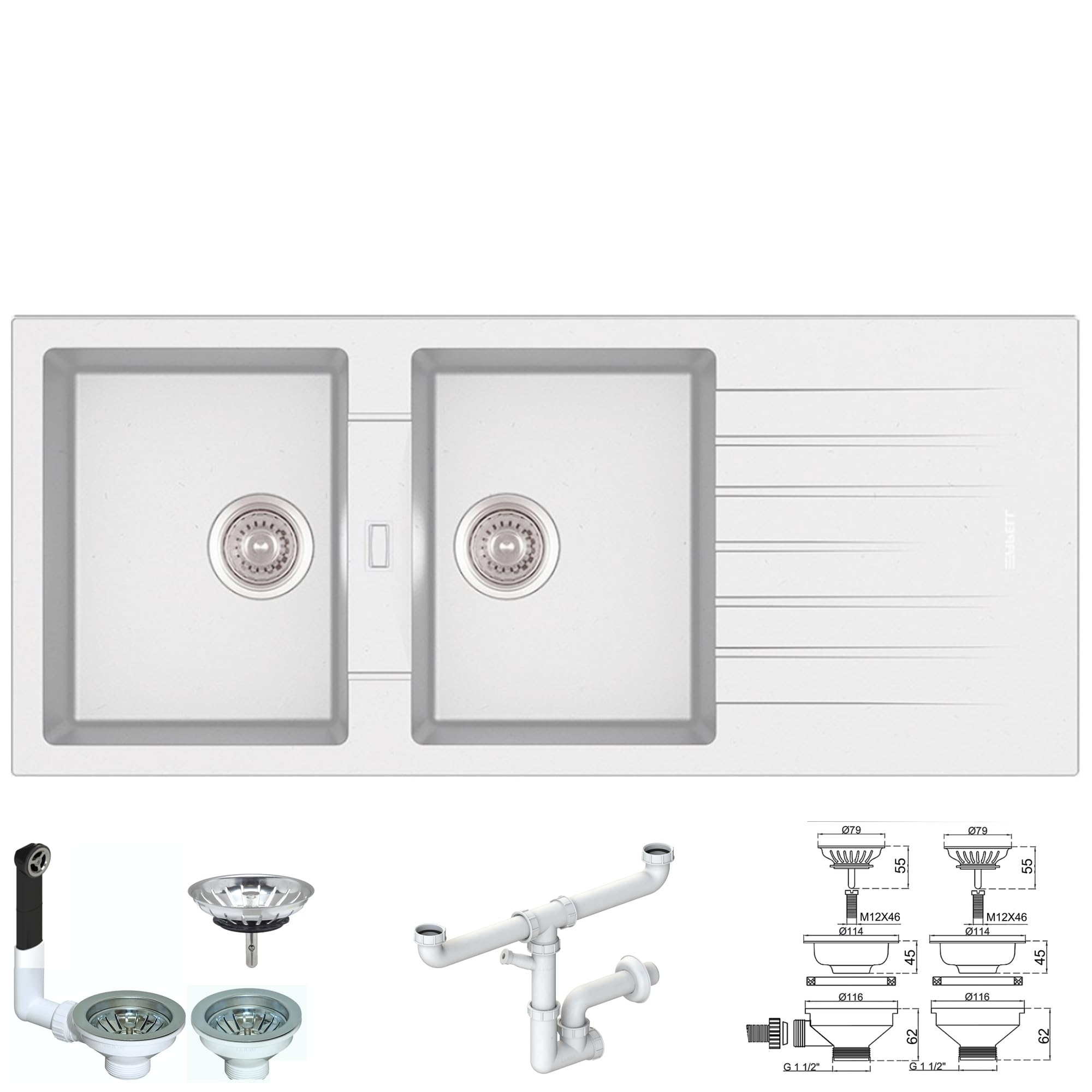 Lavello Incasso GRANITO Bianco FHULLER STPU1162GBC 116X50 2 Vasche H 20 + Gocciolatoio REVERSIBILE Base Minimo 80, FORO 114x48. Di Serie piletta 3,5 Sifone Composito Ultramaterico Fragranite Granitek