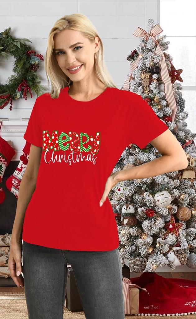 LBP Womens Christmas Shirt Merry Christmas Letter Print T-Shirt Xmas Holiday Tee Tops - Image 3