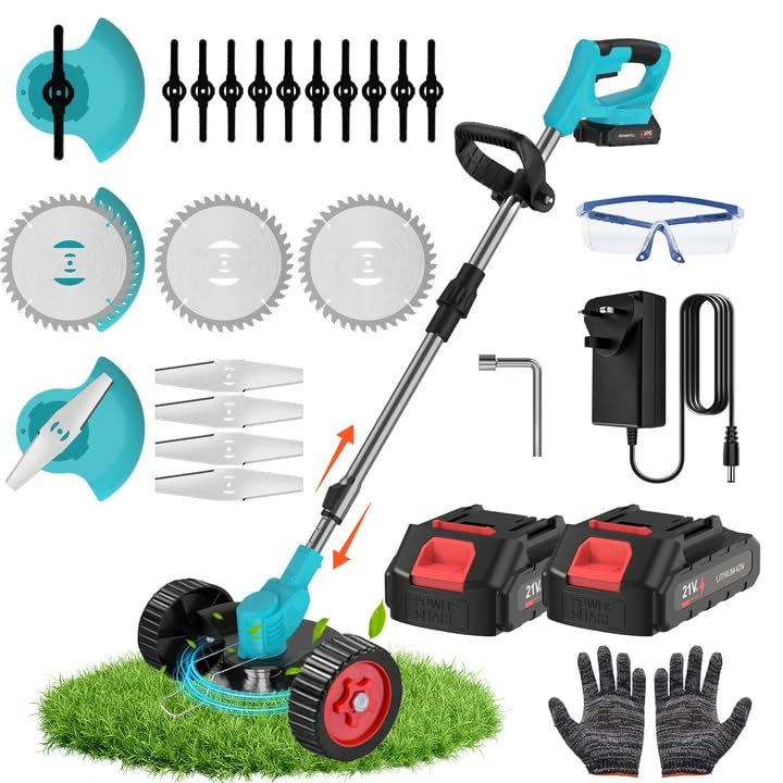Cordless Strimmer, 21V Strimmer Cordless Grass Trimmer, Equipped with 2 X 2.0Ah Batteries, 3 High-Efficiency Blades and an Adjustable Handle, Suitable for Home, Patio and Garden
