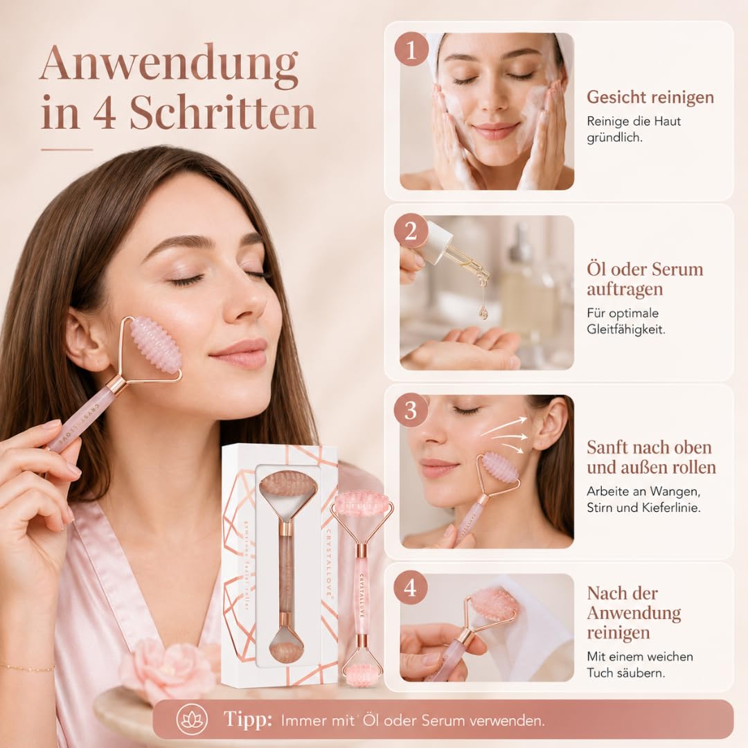 CRYSTALLOVE Rosenquarz 3D Gesichtsroller, Face Roller Massagegerät für Gesichtsmassage, Massageroller aus Naturstein für Gesicht, Hals, Dekolleté & Augenpartie, Beauty Tool für Hautpflege