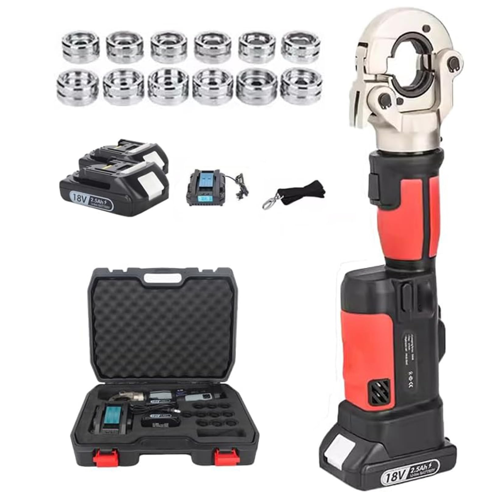 Pinzatrice multistrato a batteria,Set completo di utensili idraulici professionali contenente Rechargeable Hydraulic Crimping Tool, 11 stampi più comunemente utilizzati (che coprono 10-300 mm²)