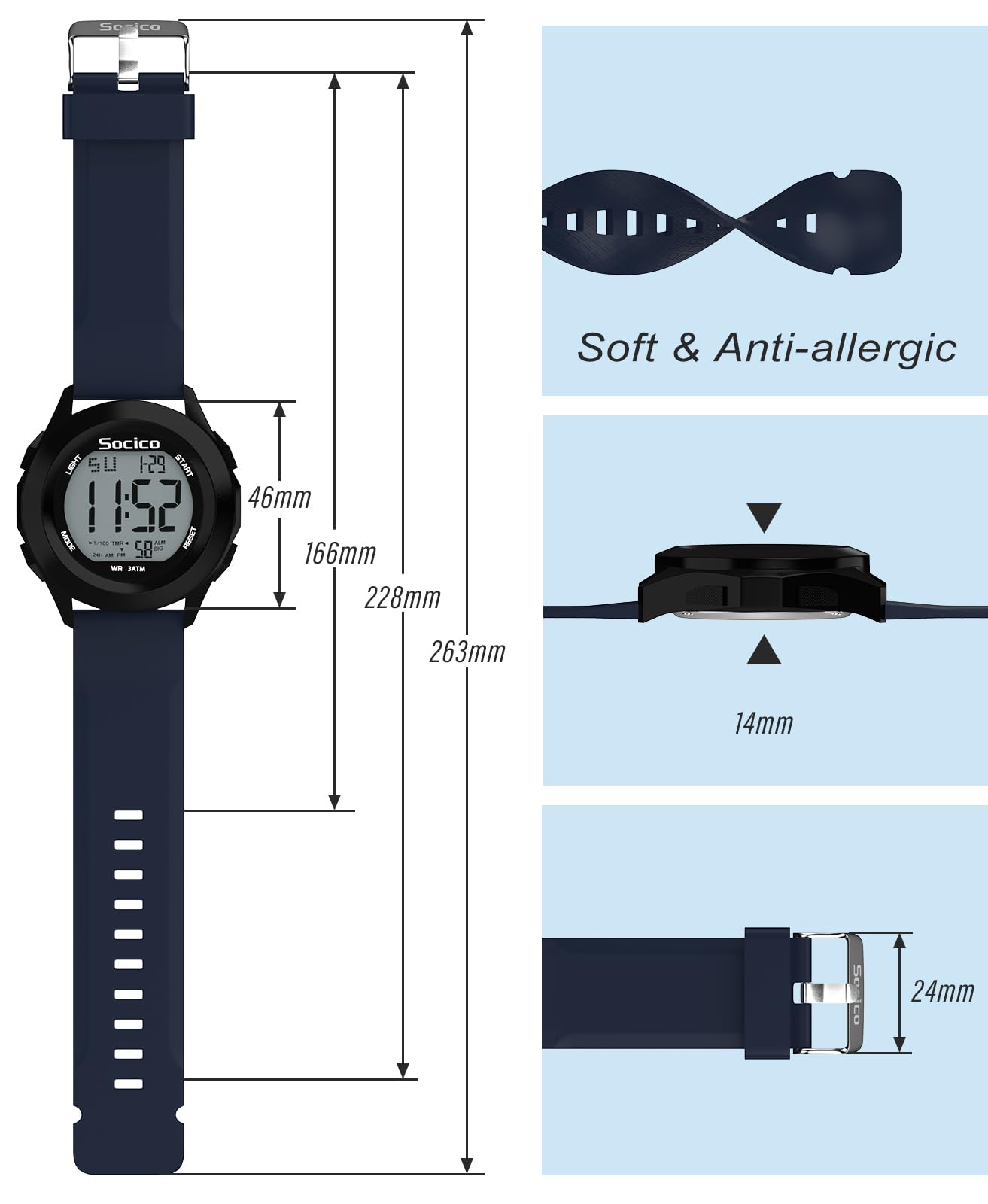 SOCICO Mens Digital Watch Sports Waterproof Outdoor Large Face Military Watches with Stopwatch Back Light Alarm Date Display