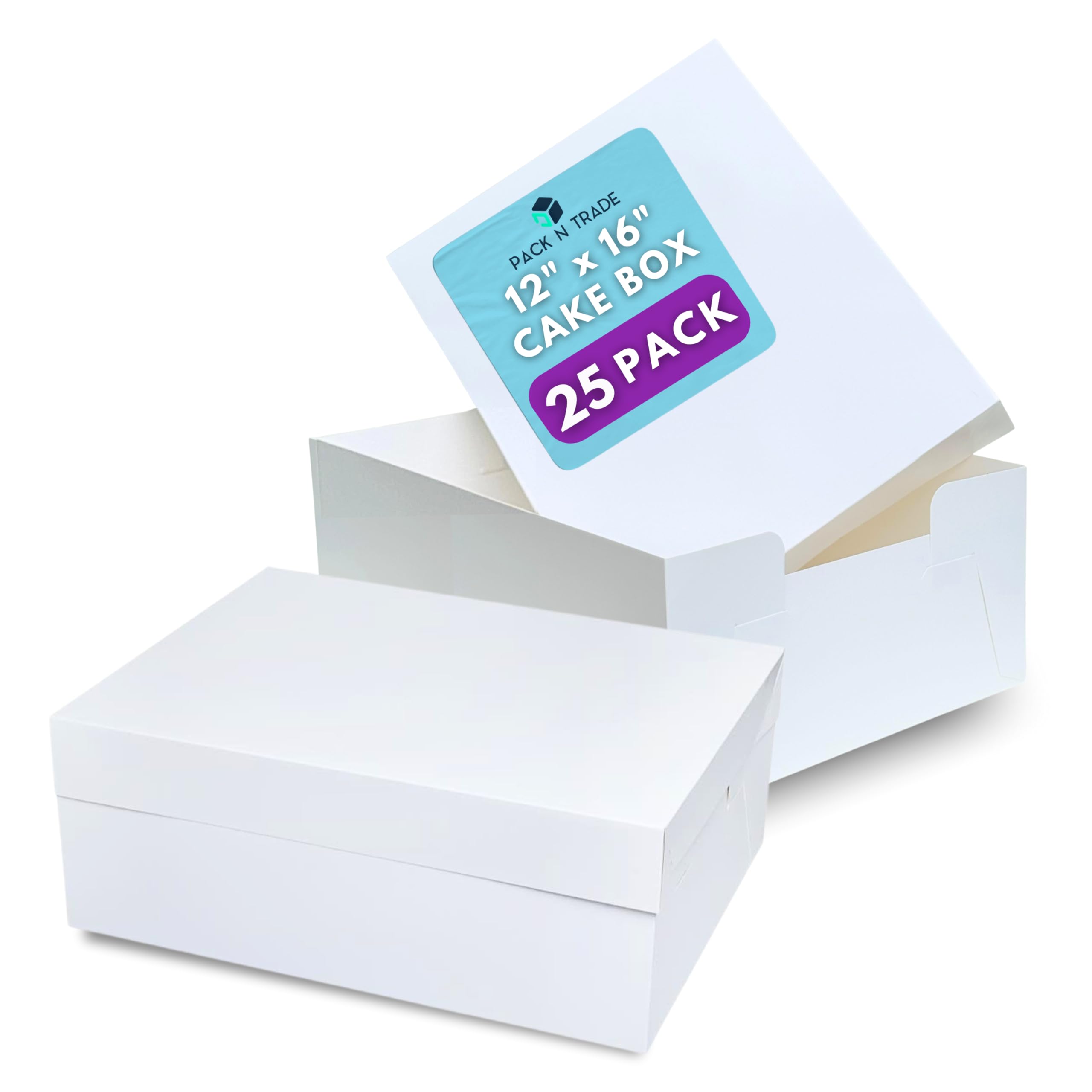 Pack N Trade Oblong Cake Box 16"x12"x6" with Lid – 25 Pcs Durable White Rectangle Container for Cakes & Tray Bakes – Easy Assemble, Ideal for Events & Celebrations
