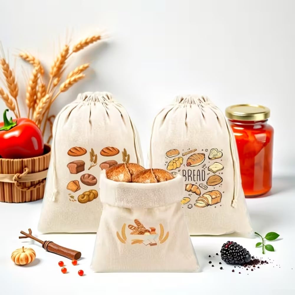 Brotbeutel Leinen 4er Set Waschbar Atmungsaktiv Kordelzug Aufbewahrungstasche für Brot Obst Gemüse 30x40cm