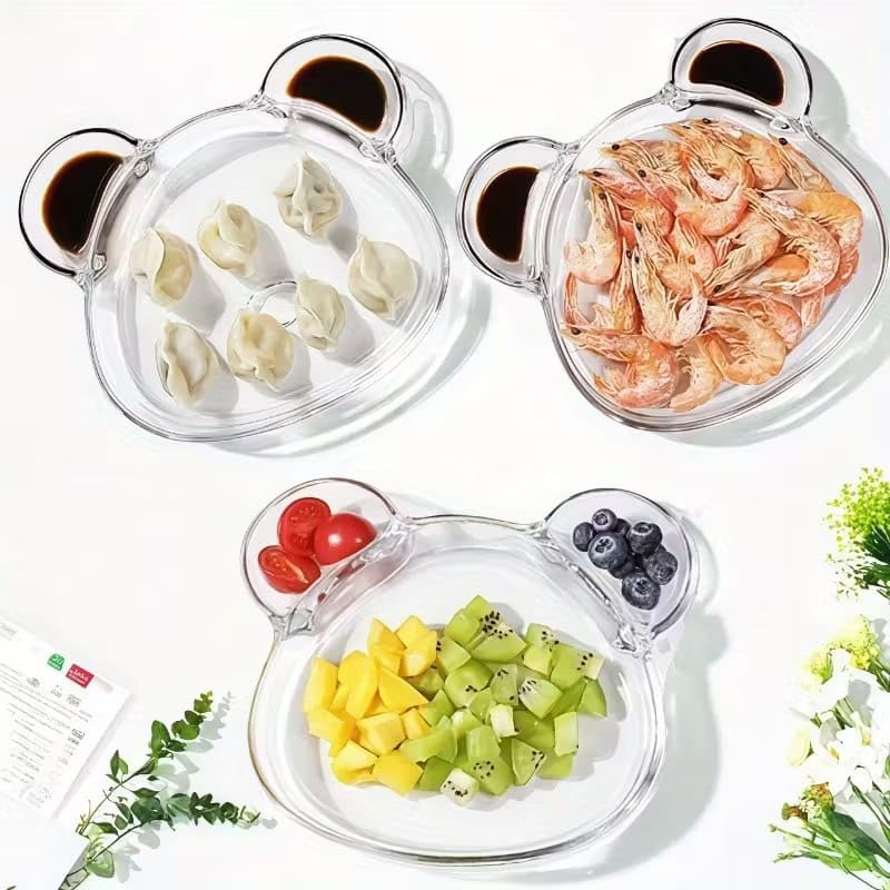 Image of PrimeWorld 2pcs Bear-Shaped Borosilicate Glass Grid Plate | 9.25 Inch Salad Plates | Microwave & Oven Safe Partition Dish | Multi-Functional Tableware for Noodles, Chips, Dumplings, Pastries & More
