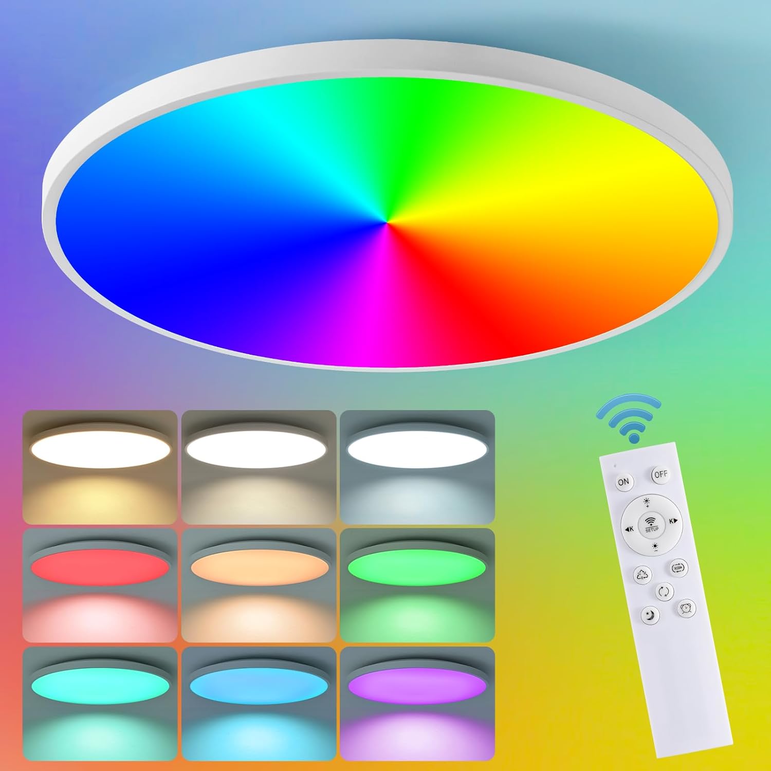 Smart Ceiling Light with Remote Control - 15Inch 38W Flush Mount Ceiling Light, RGB Color Changing Ambient Light for Bedroom, Kitchen, Dining Room, Basements