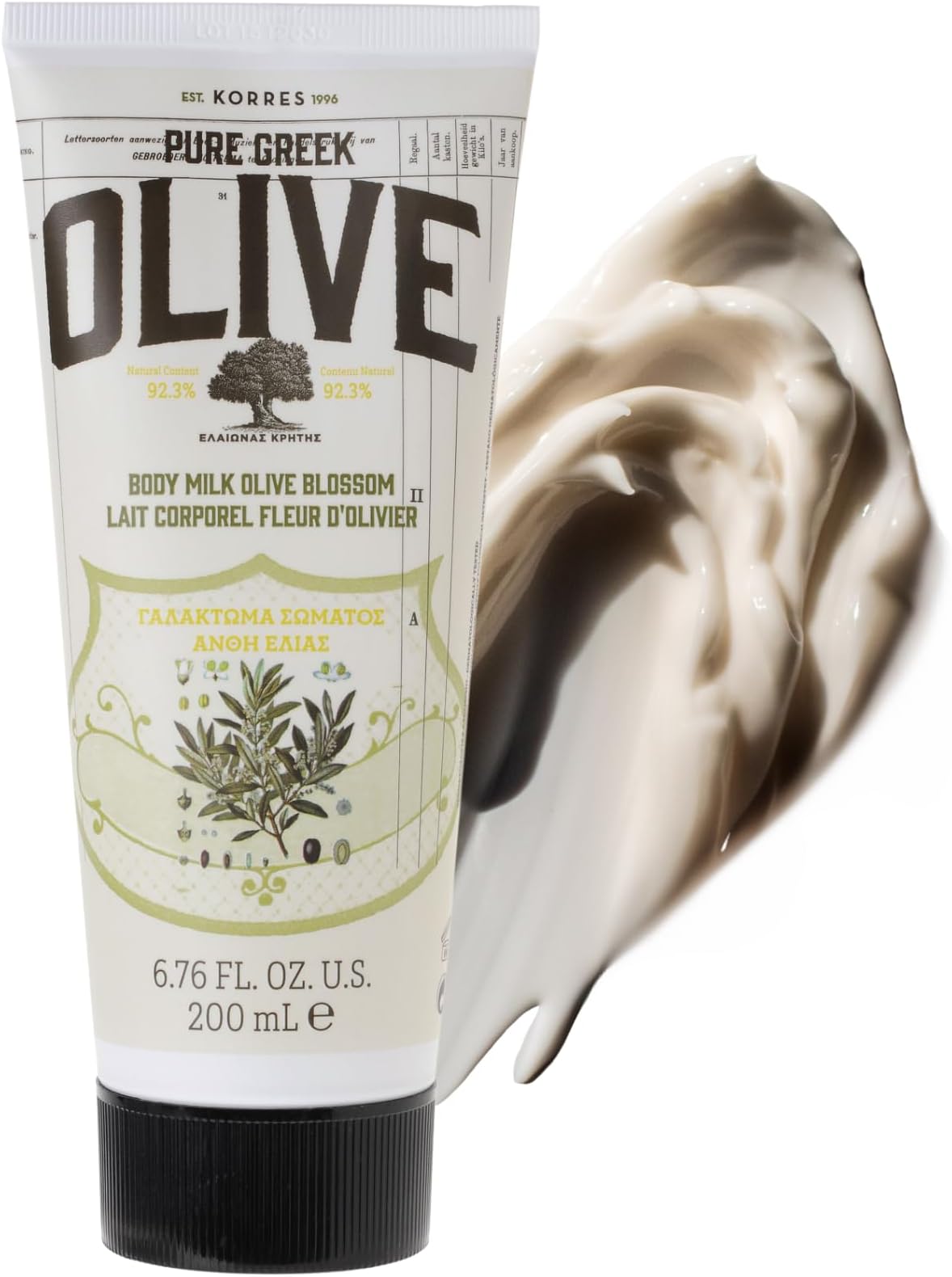 KORRES Olive Body Lotion for Dry Skin Moisturizer Cream with Vitamin E, Aloe and Pure Greek Olive Oil for Body Care, Hydrating & Nourishing for Smooth, Supple Skin, Olive Blossom Scented, 6.76 fl oz