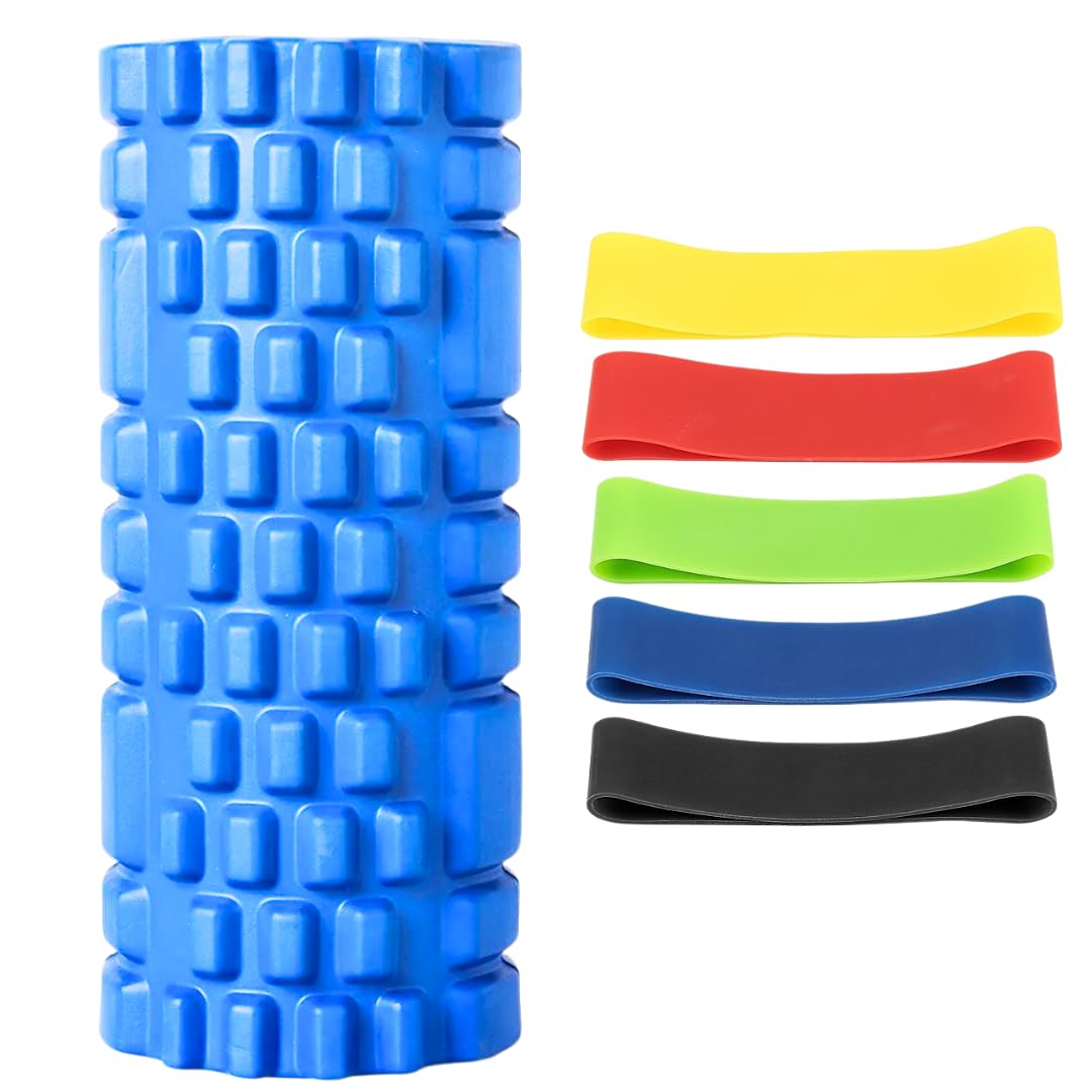 ZENON 13" Deep Tissue Grid Yoga Fitness EVA Massage Foam Roller Medium Density Deep Tissue Massager for Muscle Massage and Myofascial Trigger Point Release, Yoga Accessory, Compact Design, Ergonomic Shape, Nonslip Surface, Durable Foam, Selfmassage Tool with set of 5 latex resistance bands