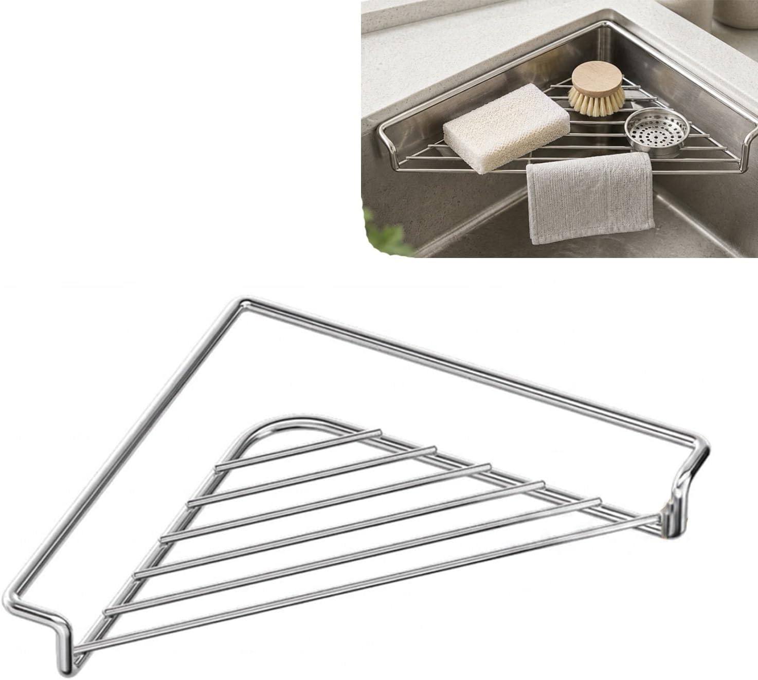 Stainless Steel Corner Sink Shelf with Triangular Open Wire Rack Design, Drying Rack Drainage and Raised Side for Sponges Soap Plates Cups Utensils Drain Shelf (4pcs)