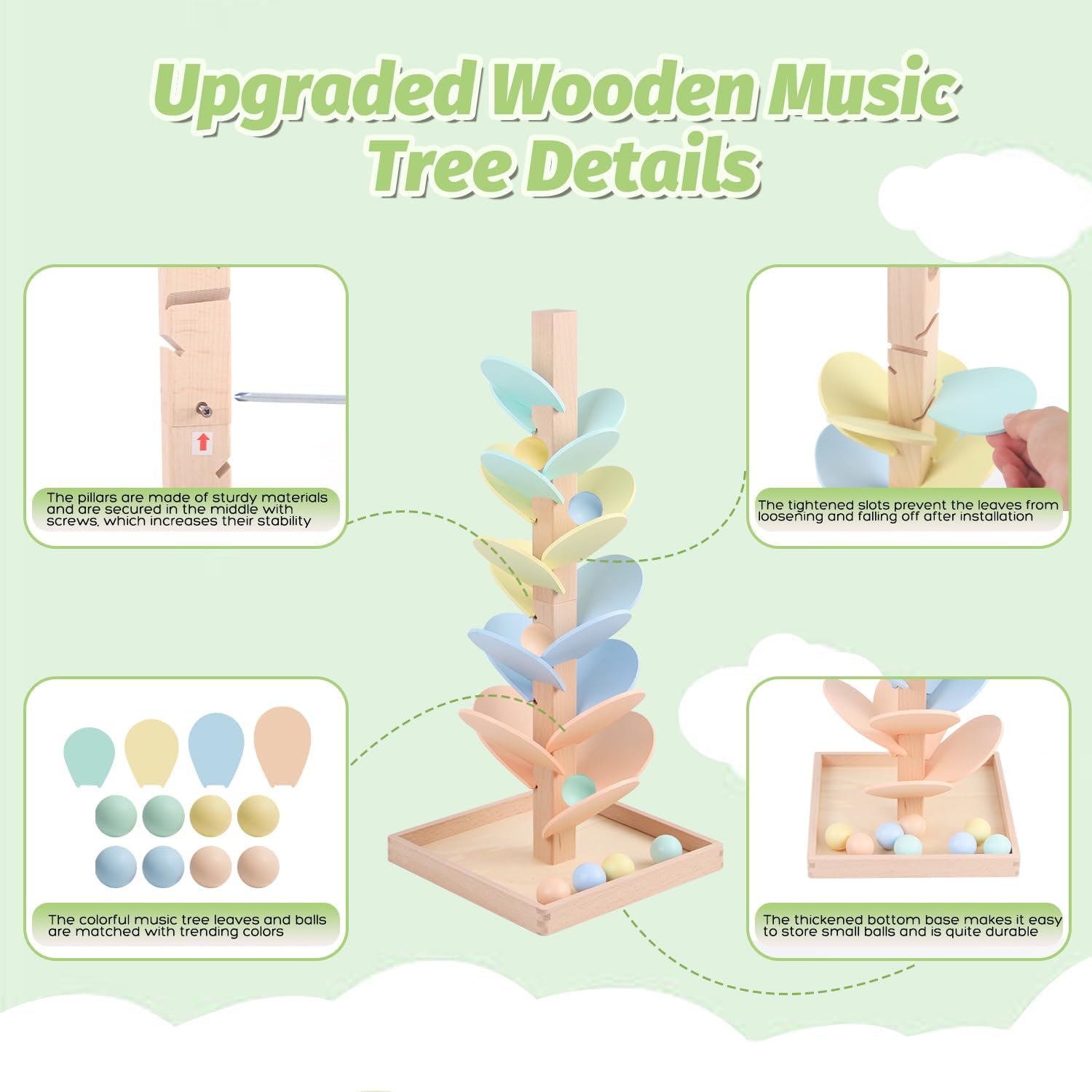 Marble Run Wooden Ball Drop Toys for 3-5 4-8 Wood Montessori Toys Music Tree for Toddlers Musical Game Learning Color Sorting Sensory Toys for Boys Girls 8-12 Gift (Height: 19.9in) (1.1in Balls)