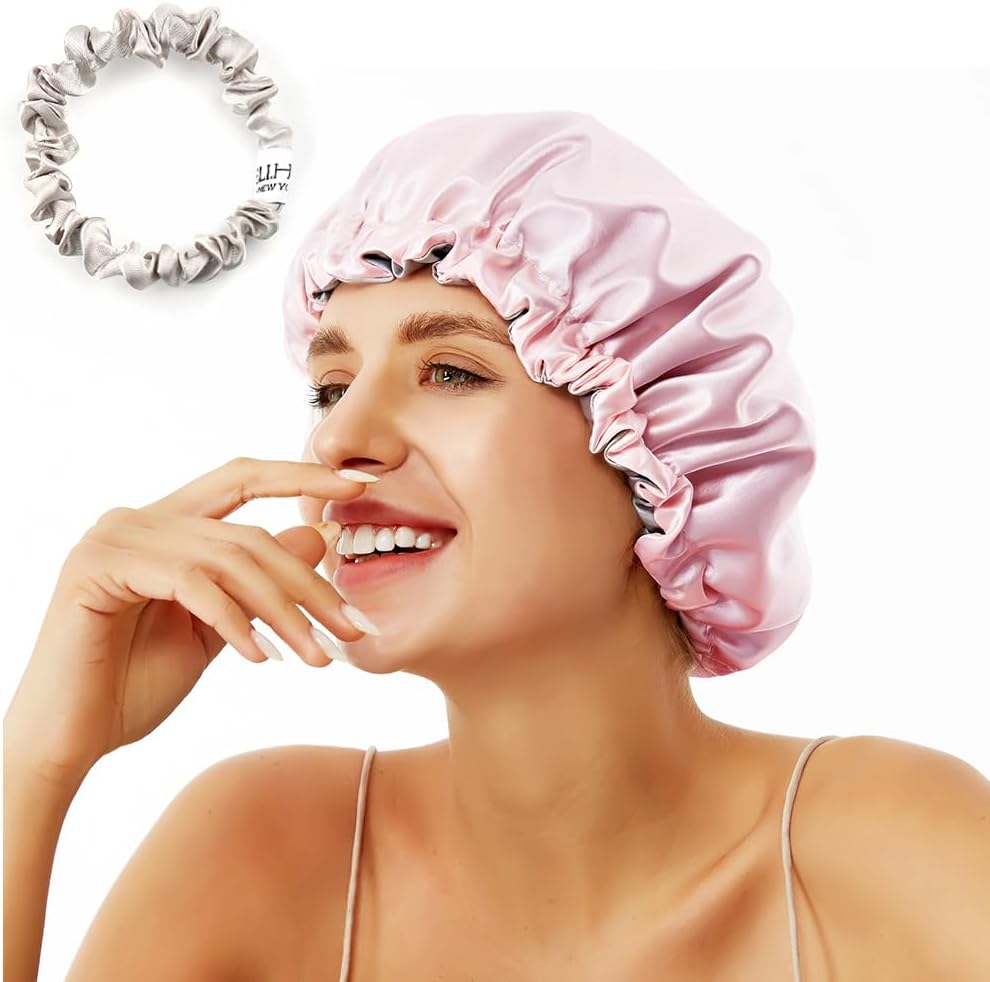 Night Sleep Satin Cap for Women Girls Natural Hair Extra Large Bonnet Cover Double Side Satin Cap Pink/Silvery Grey
