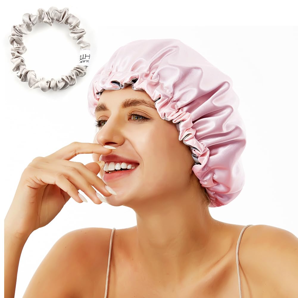 Night Sleep Satin Cap for Women Girls Natural Hair Extra Large Bonnet Cover Double Side Satin Cap Pink/Silvery Grey